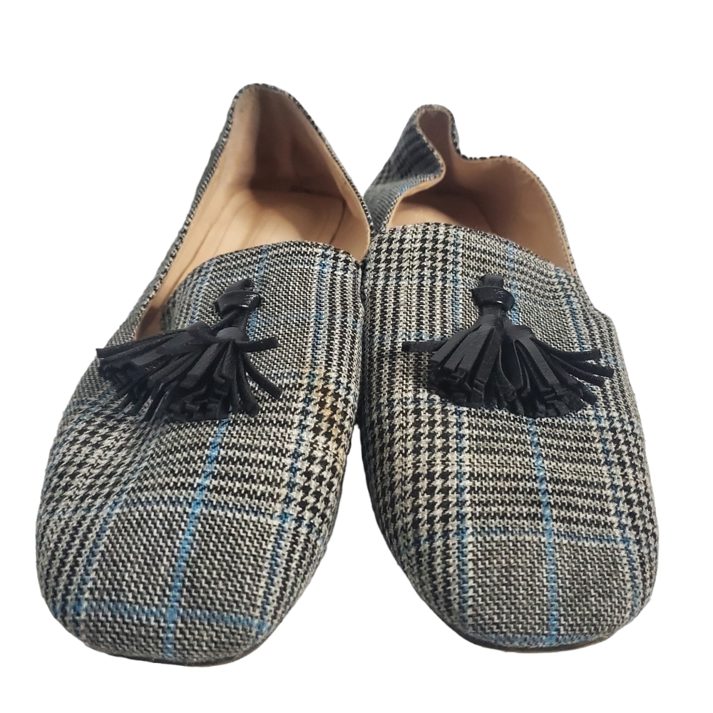 Modenpeak Women's Black/White/Blue Plaid Tassel Loafers w/ Square Heel and Toe